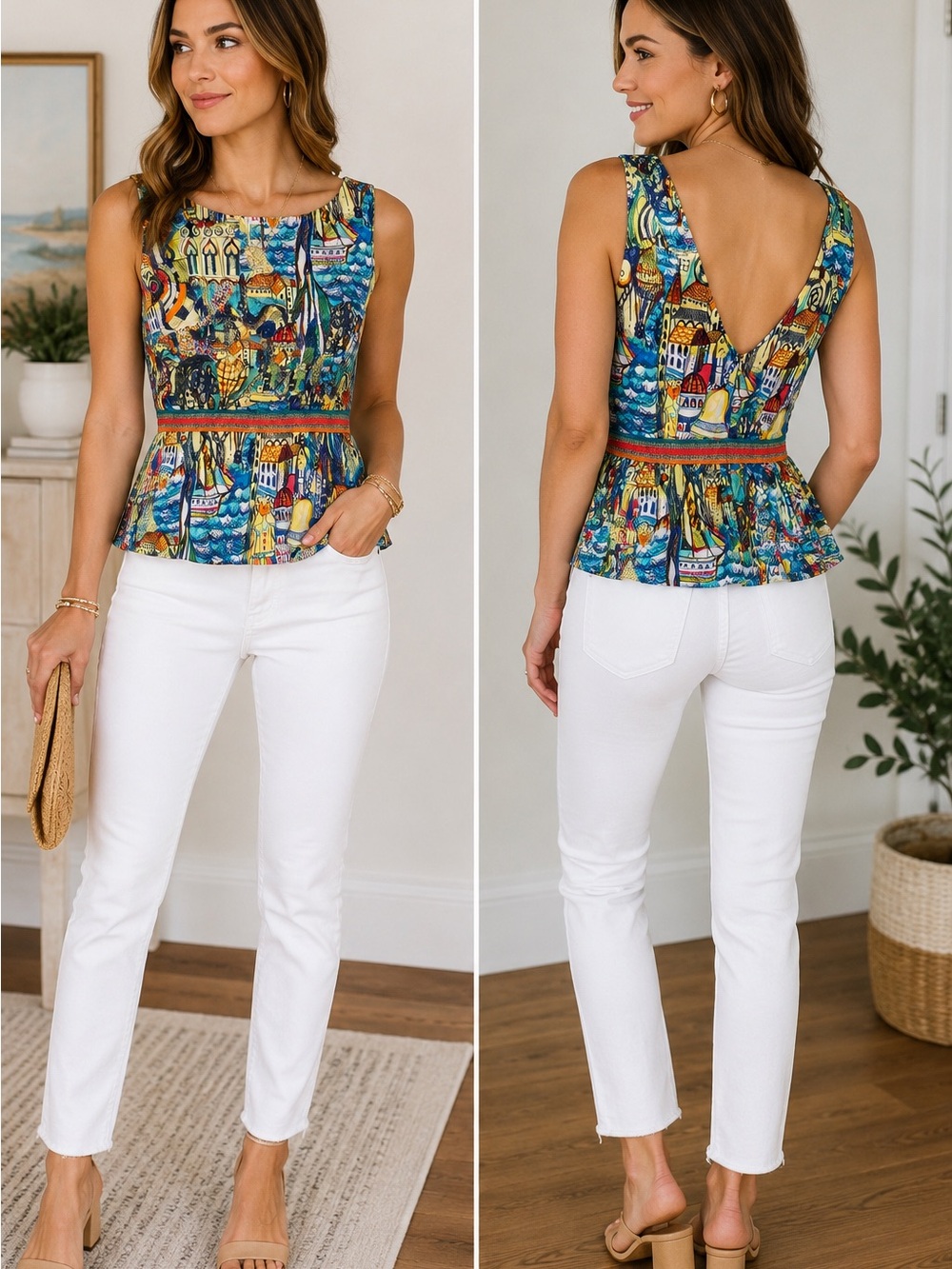 Weston by Anthropologie Scenic Print Sleeveless Peplum Top V-Back- Size XS